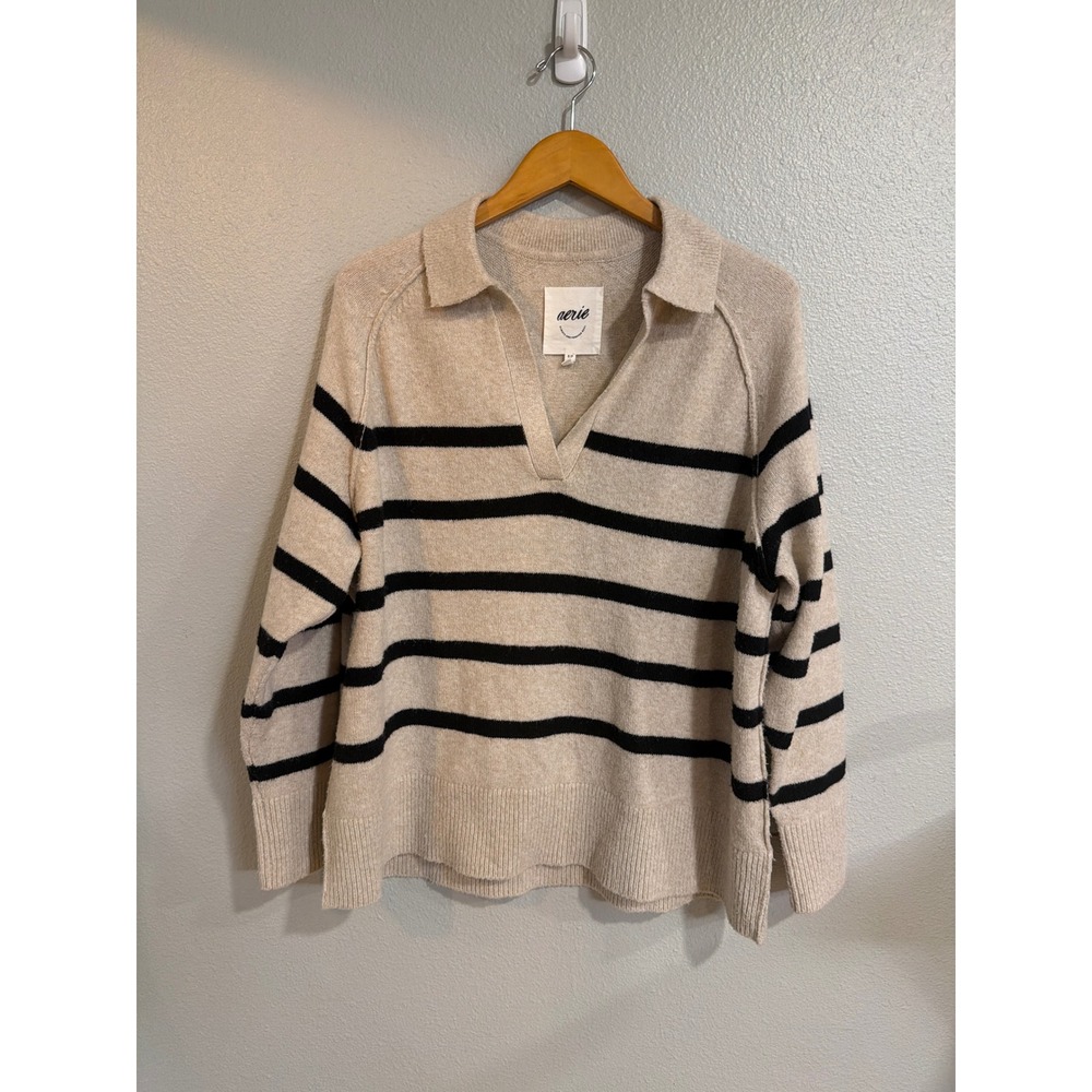 Aerie Striped Polo Sweater Womens Sm Oatmeal Black Collared V-Neck Knit Relaxed